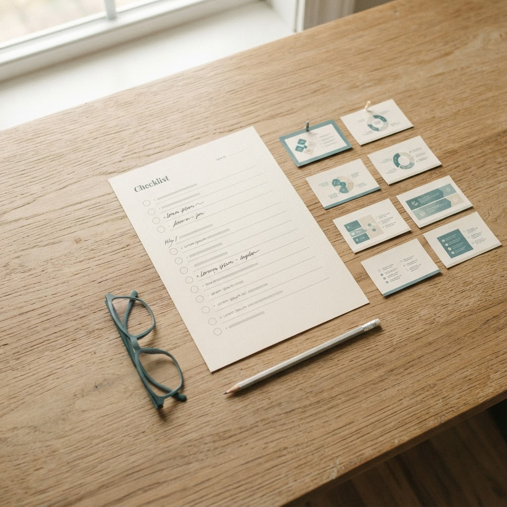 Checklist impreso junto a miniaturas de diapositivas impresas sobre un escritorio, usado para revisar precisión antes de la entrega